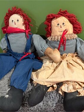 Handcrafted Style Red-Haired Rag Doll Pair in Blue and Cream Outfits